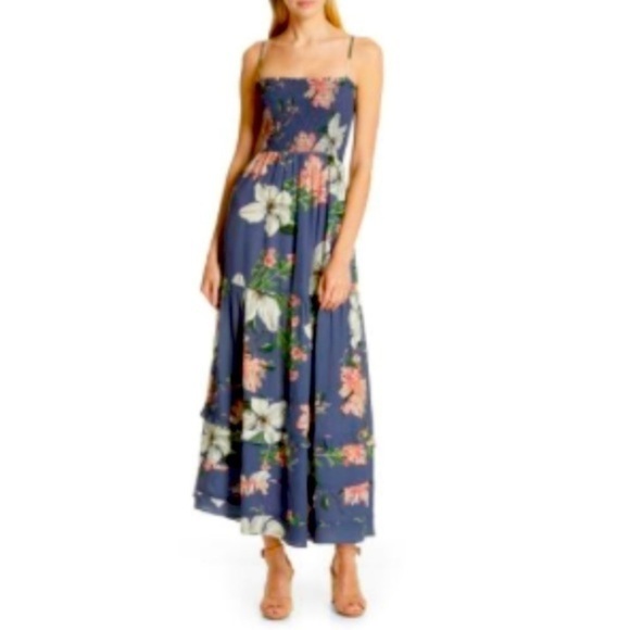 Anthropologie DOLAN Boho Floral Maxi Sundress Smocked Bodice Tiered Skirt Small